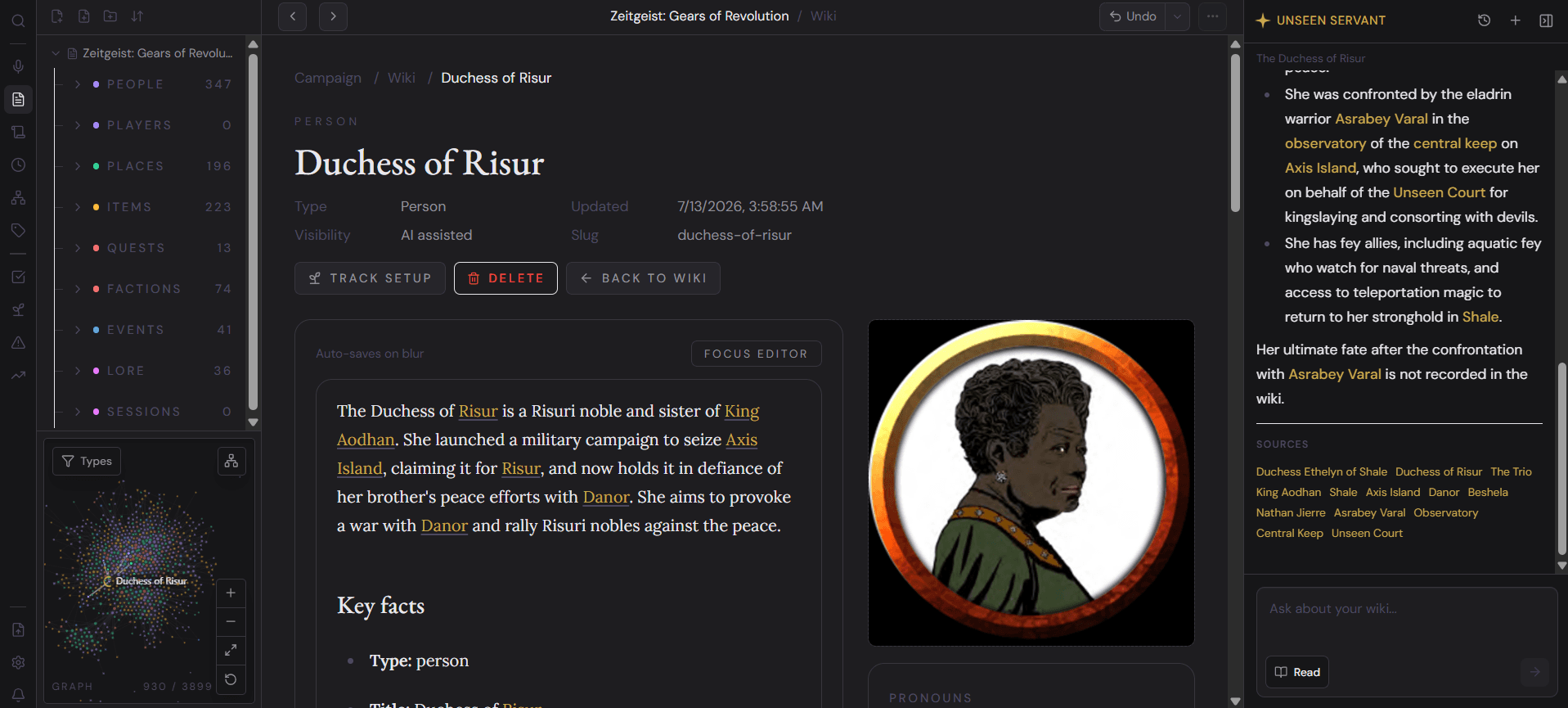 The Scry wiki: a campaign entity page with sidebar counts for people, places and items, and the Unseen Servant panel answering a question with cited sources